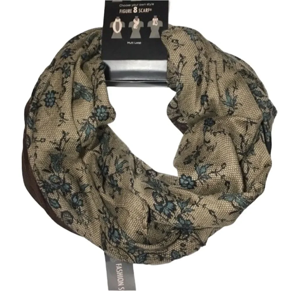 D&Y BOHO COTTAGECORE FLORAL FIGURE‎ 8 MULTI LOOP BROWN SCARF NWT